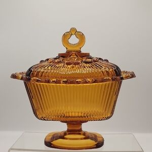 Indiana Glass Oblong Pedestal Candy Dish & Lid #1471 Amber Filigree Edge